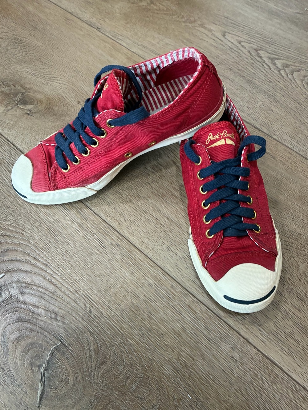 Converse X Jack Purcell Red Canvas Sneakers with Navy Laces signature toe cap